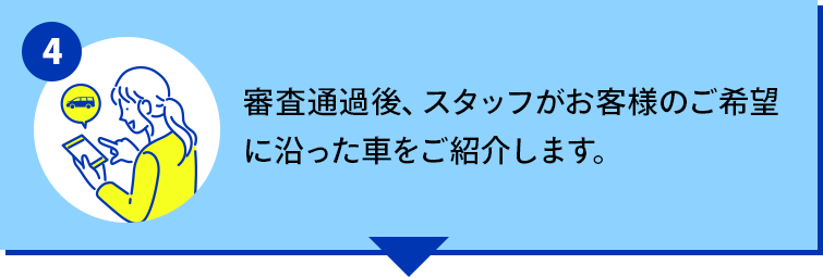 審査通過後、スタッフがお客様のご希望に沿った車をご紹介します。